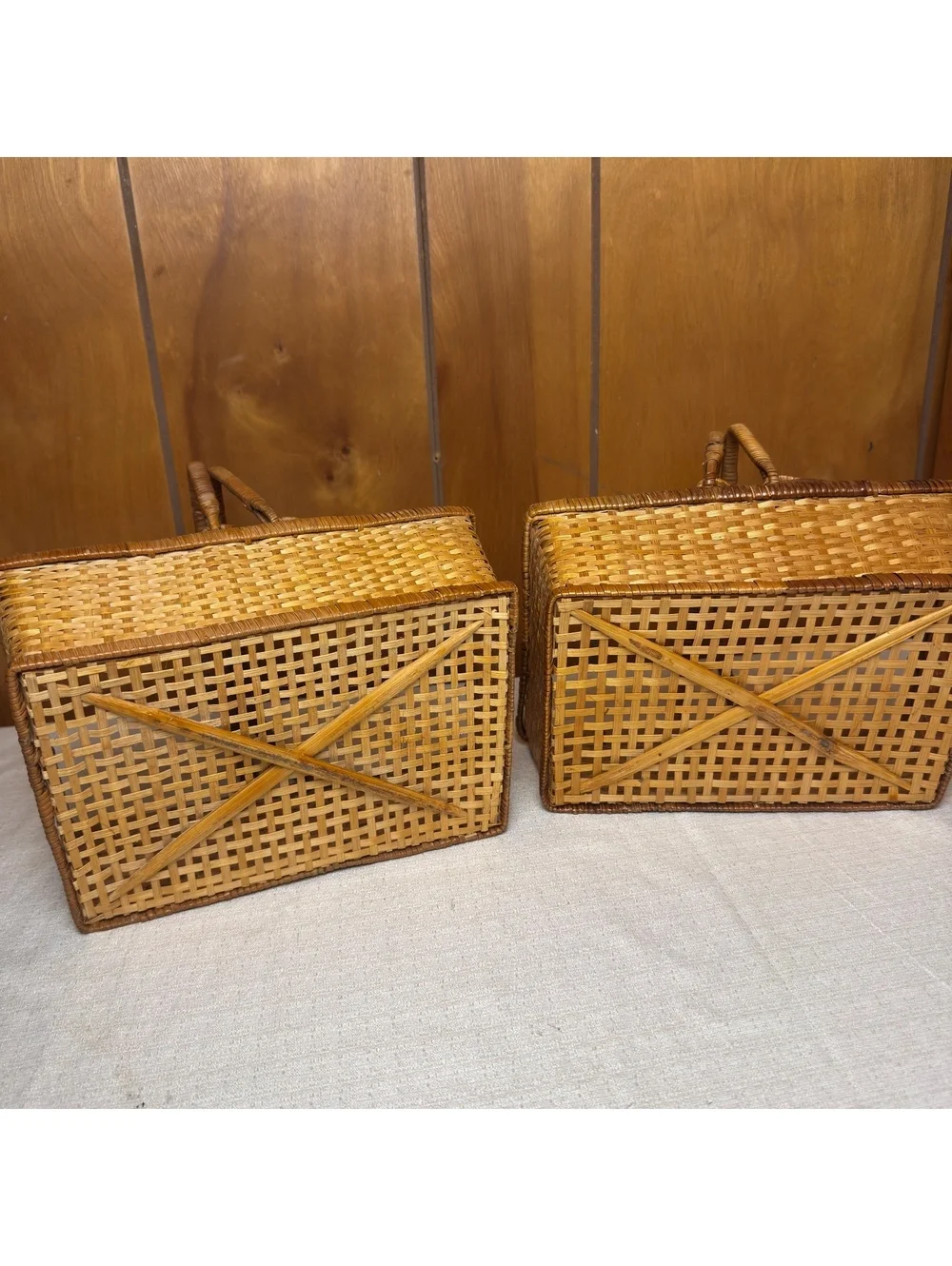 Vintage Woven Rattan Basket Rectangular Handled Storage Basket Boho Decor
